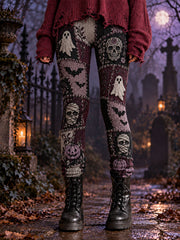 Women's Halloween Gothic Style Patchwork Print Velvet Leggings