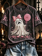 Women's Vintage Gothic Ghost Girl Balloon Pink Ribbon Print Short Sleeve T-shirt