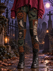 Women's Halloween Gothic Style Patchwork Print Velvet Leggings