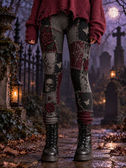 Women's Halloween Gothic Style Patchwork Print Velvet Leggings