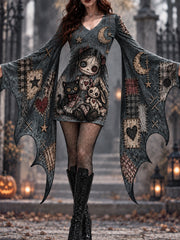 Women's Halloween Creepy Dolls Patchwork Print Bat Sleeve Dress