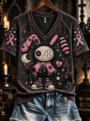 Women's Vintage Pink Patchwork Rabbit Doll with Black Cat Print V-neck Short-sleeved T-shirt