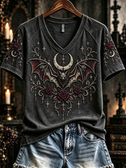 Women's Vintage Gothic Bat Print V-neck Short-sleeved T-shirt