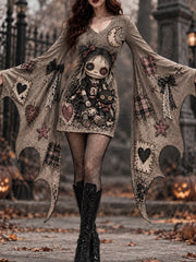 Women's Halloween Creepy Dolls Patchwork Print Bat Sleeve Dress
