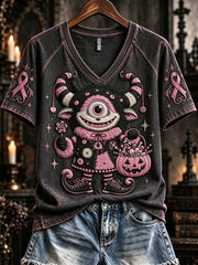 Women's Vintage Gothic Cyclops Monster Pink Ribbon Print V-neck Short-sleeved T-shirt