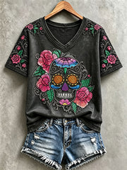 Women's Halloween Skull V-Neck T-Shirts