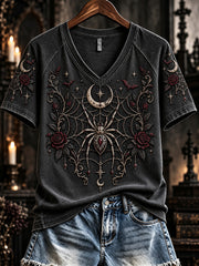Women's Vintage Gothic Spider Print V-neck Short-sleeved T-shirt