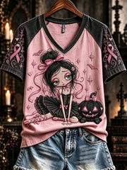 Women's Vintage Gothic Ballerina Girl Print V-neck Short-sleeved T-shirt