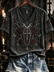 Women's Vintage Gothic Cross Print V-neck Short-sleeved T-shirt