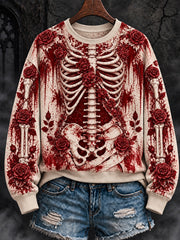 Women's Gothic Halloween Skull and Floral Regular Sweatshirt