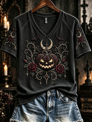 Women's Vintage Gothic Pumpkin Print V-neck Short-sleeved T-shirt