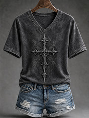 Women's Christian Cross Print Casual V-Neck Tee