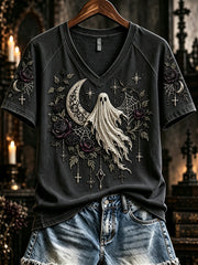 Women's Vintage Gothic Ghost Print V-neck Short-sleeved T-shirt