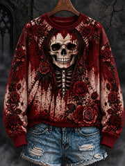 Women's Halloween Gothic Bloodstained Rose Skull Sweatshirt