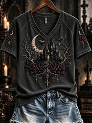 Women's Vintage Gothic Castle Print V-neck Short-sleeved T-shirt