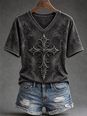 Women's Christian Cross Print Casual V-Neck Tee