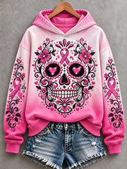Women's Pink Ribbon Skull Print Breast Cancer Awareness Support Hoodie