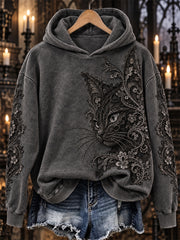Women's Halloween Gothic Black Cat Floral Lace Art Print Hoodie