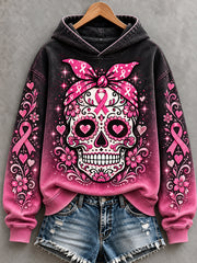 Women's Pink Ribbon Skull Print Breast Cancer Awareness Support Hoodie