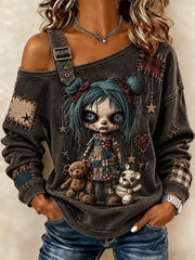 Women's Halloween Creepy Dolls Patchwork Print Casual Off-Shoulder Sweatshirt
