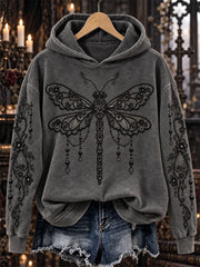 Women's Halloween Gothic Dragonfly Floral Lace Art Print Hoodie