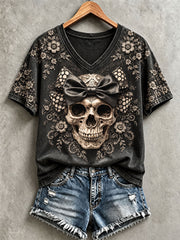 Women's Halloween Skull Print V-Neck T-Shirts