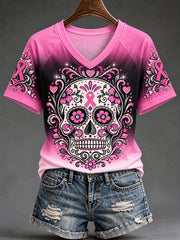 Women's Pink Ribbon Skull Print Breast Cancer Awareness Support V-Neck Tee
