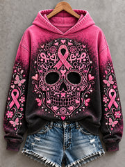 Women's Pink Ribbon Skull Print Breast Cancer Awareness Support Hoodie