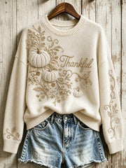 Women's Vintage Classy Thankful Pumpkins Floral Print crew neck sweater