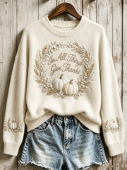 Women's Vintage Classy In All Things Give Thanks Pumpkins Floral Print crew neck sweater