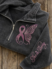 Women's She Is Strong Pink Ribbon Butterfly Glitter Art Print Zip Up Sweatshirt