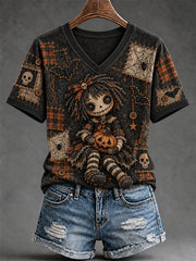 Women's Halloween Creepy Dolls Print Casual Short-Sleeved T-Shirt