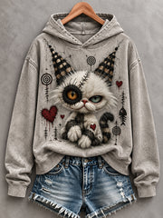 Women's Halloween Creepy Cat Print Casual Hoodie