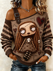 Women's Halloween Creepy Dolls Print Casual Off-Shoulder Sweatshirt