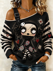 Women's Halloween Creepy Dolls Print Casual Off-Shoulder Sweatshirt
