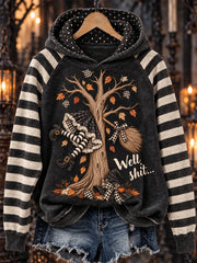 Women's Halloween Funny Stuck Witch Fall Tree Print Raglan Sleeve Hoodie