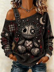 Women's Halloween Art Patchwork Print Casual Off-Shoulder Sweatshirt