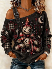 Women's Halloween Art Patchwork Print Casual Off-Shoulder Sweatshirt