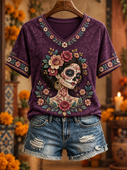 Women's Mexico Day of The Dead Floral Art Printed short-sleeved T-shirt