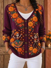 Women's Mexico Day of The Dead Floral Art Printed Cardigan