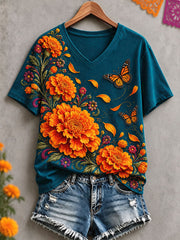 Women's Mexico Day of The Dead Floral Art Printed T-shirt
