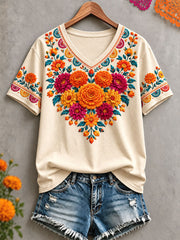 Women's Mexico Day of The Dead Floral Art Printed T-shirt