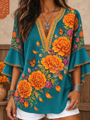 Women's Mexico Day of The Dead Floral Art Printed Tops