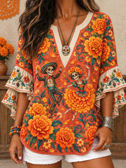 Women's Mexico Day of The Dead Floral Art Printed Tops