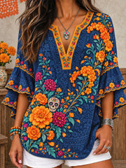 Women's Mexico Day of The Dead Floral Art Printed Tops