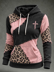 Women's Vintage Leopard Print Element Block Patchwork Design Print Casual Hoodie