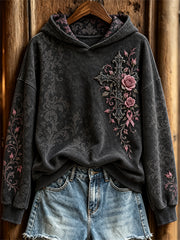 Women's Vintage Gothic Cross & Pink Ribbon Roses Floral Print Hoodie