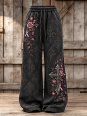 Women's Vintage Gothic Cross & Pink Ribbon Roses Floral Print Wide Leg Sweatpants