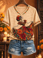 Women's Mexico Day of The Dead Floral Art Printed T-shirt