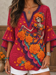 Women's Mexico Day of The Dead Floral Art Printed Tops